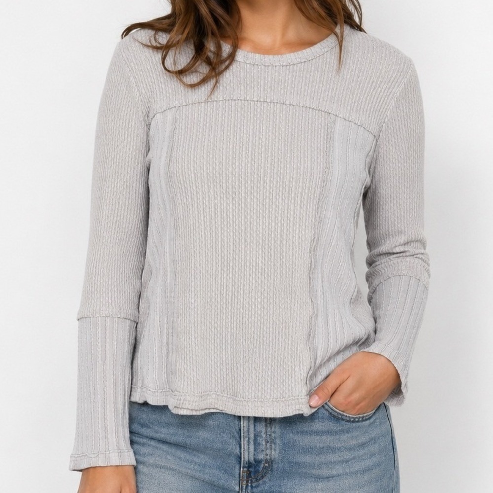 Easel Textured Knit Bell Sleeve Top Medium Gray Cotton Blend Boho Casual